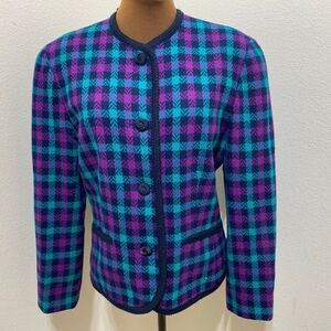 Vintage Pendleton Wool Teal Purple Checkered Button Blazer Jacket Size 10